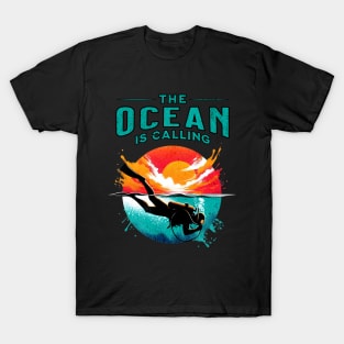 The Ocean is Calling Scuba Diver Design T-Shirt